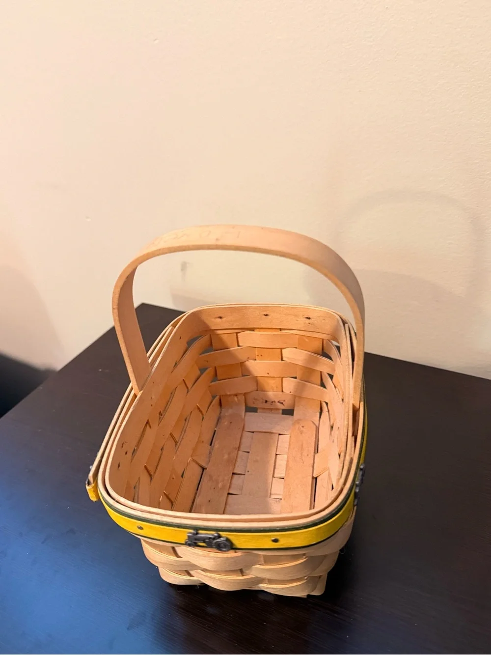 Handwoven Longaberger Wood Basket with Yellow Trim and Tractor Charms